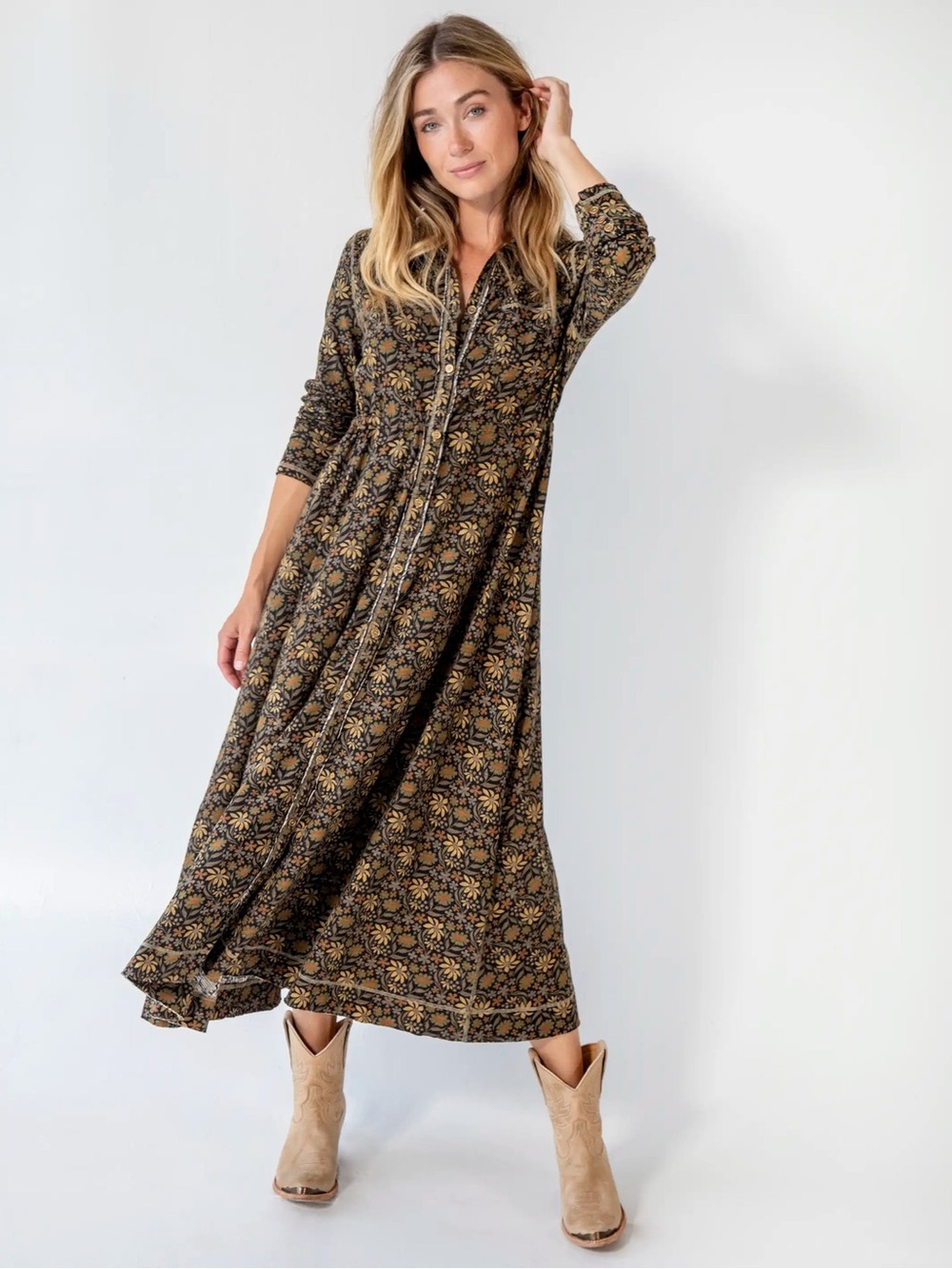 Natural Life Christa Knit Cotton Maxi Dress Floral Neutral Boho Black Tan Daisy